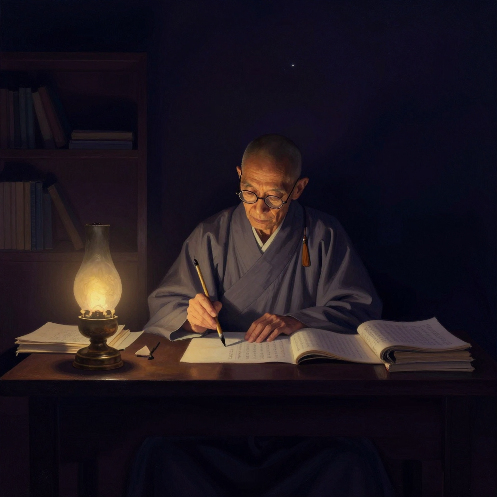 印顺导师：一位面容清癯、戴圆框眼镜的老僧身着灰色僧袍，端坐于书案前，手执毛笔悬于纸上，案上散落展开的经卷与空白文稿，身后隐约一架简