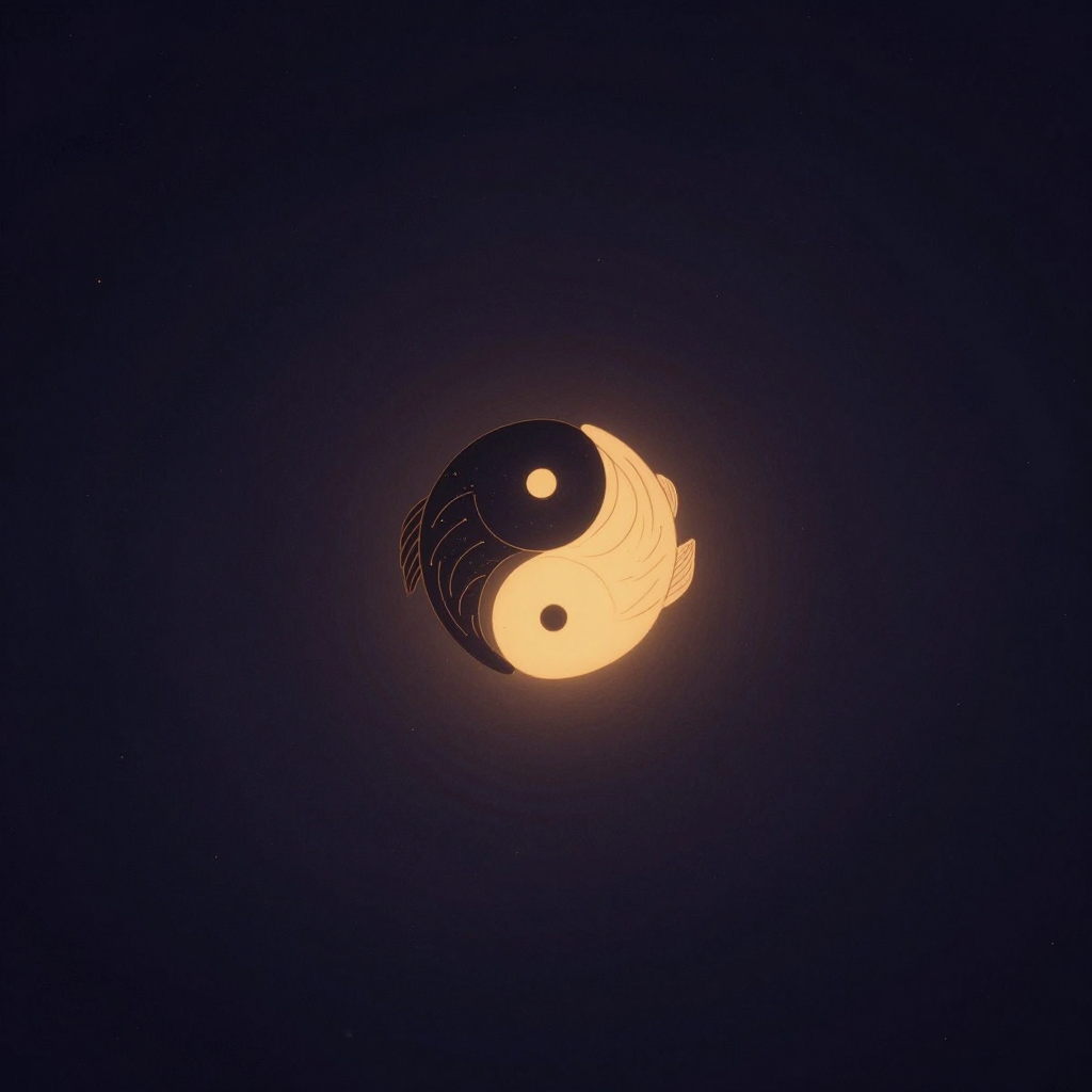 二元：一枚太极双鱼图浮于空旷深色的中央，黑白两条鱼形互抱成圆，黑鱼有白眼、白鱼有黑眼，鱼身流转相融，边缘处细微的弧线暗示动态，