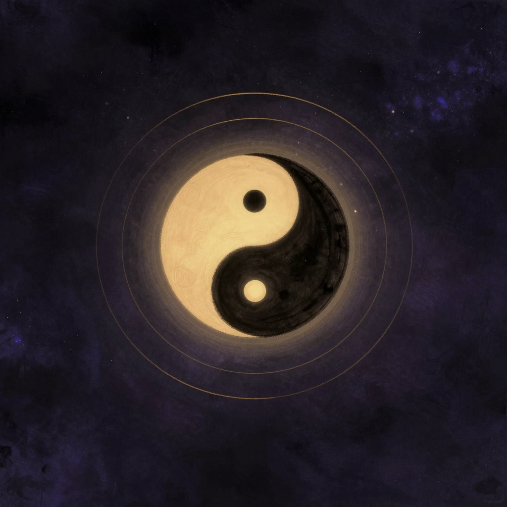 宋明理学：一幅黑白阴阳鱼互抱的太极图居中，S形交界线流畅对称，外缘环绕五层细线同心圆，悬浮于大片空处