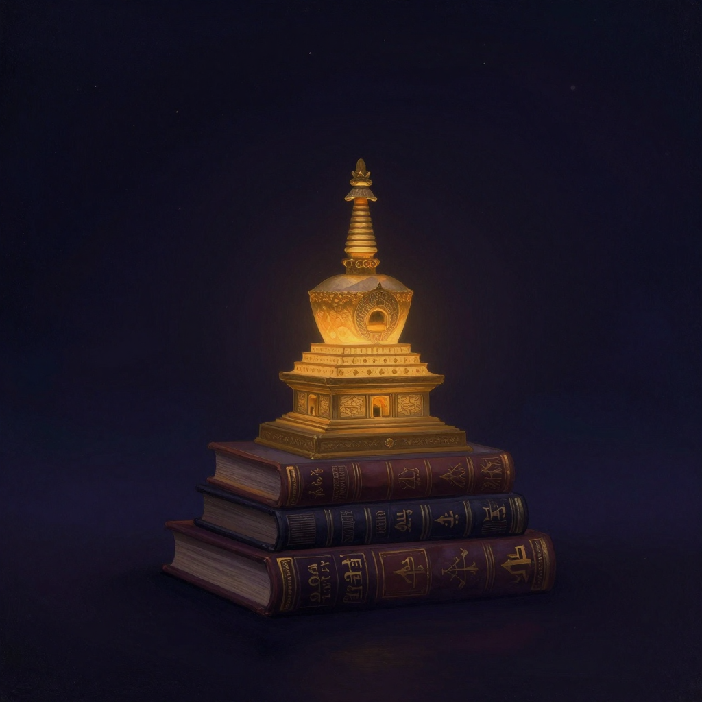 龙钦巴：七卷古藏文经书以塔状错落堆叠，每卷书脊隐约可见暗纹，构成一座微型的经塔，底部三卷、中部两卷、顶部两卷，结构稳固而庄严，经