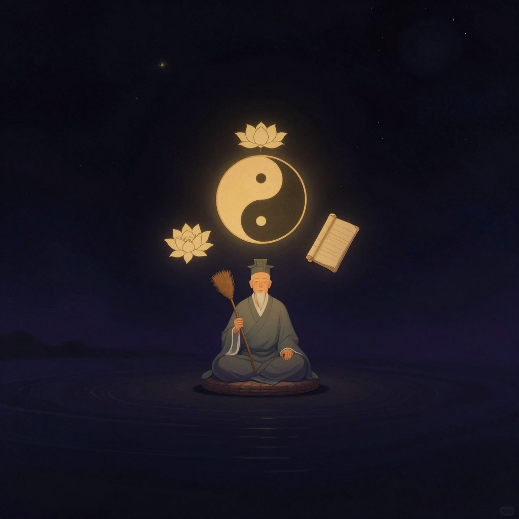 王重阳：一位长须老者身着灰青道袍、头戴道冠，端坐蒲团之上，手持一柄拂尘，身后环绕着太极图、一朵莲花与一卷书简，三物悬于空处，老者