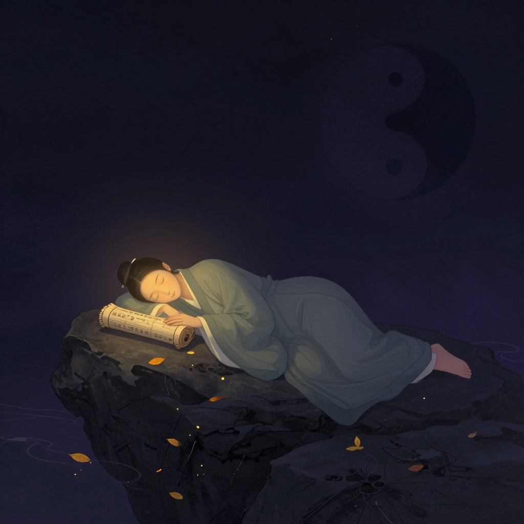 陈抟：一位身着青灰道袍的道士侧卧于山石之上，头枕一册旧书卷，面容安详平和，双目轻阖；身侧散落几片落叶，远处隐约可见一卷太极图轮