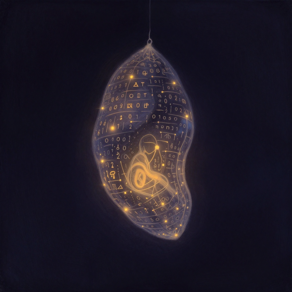 信息茧房：一个由数字代码与算法符号编织成的半透明蚕茧悬于空旷中，茧内隐约可见一蜷缩人形轮廓，茧外来自不同方向的微光被茧壁阻挡或折射