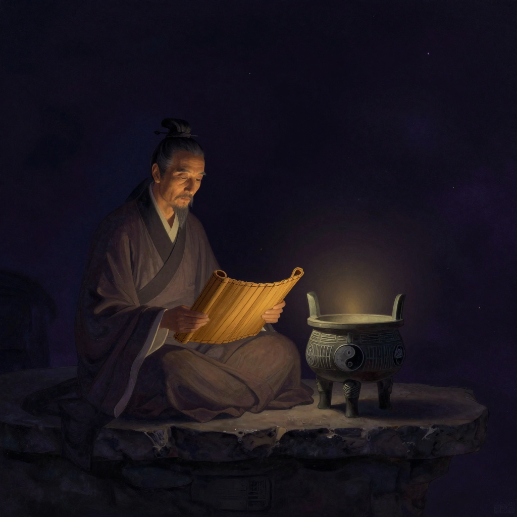 魏伯阳：一位东汉老者（束髻、着交领深衣）端坐于石台前，双手展开一卷竹简，简上无字；身旁置一尊三足圆鼎炉，炉身刻有阴阳鱼与八卦纹样