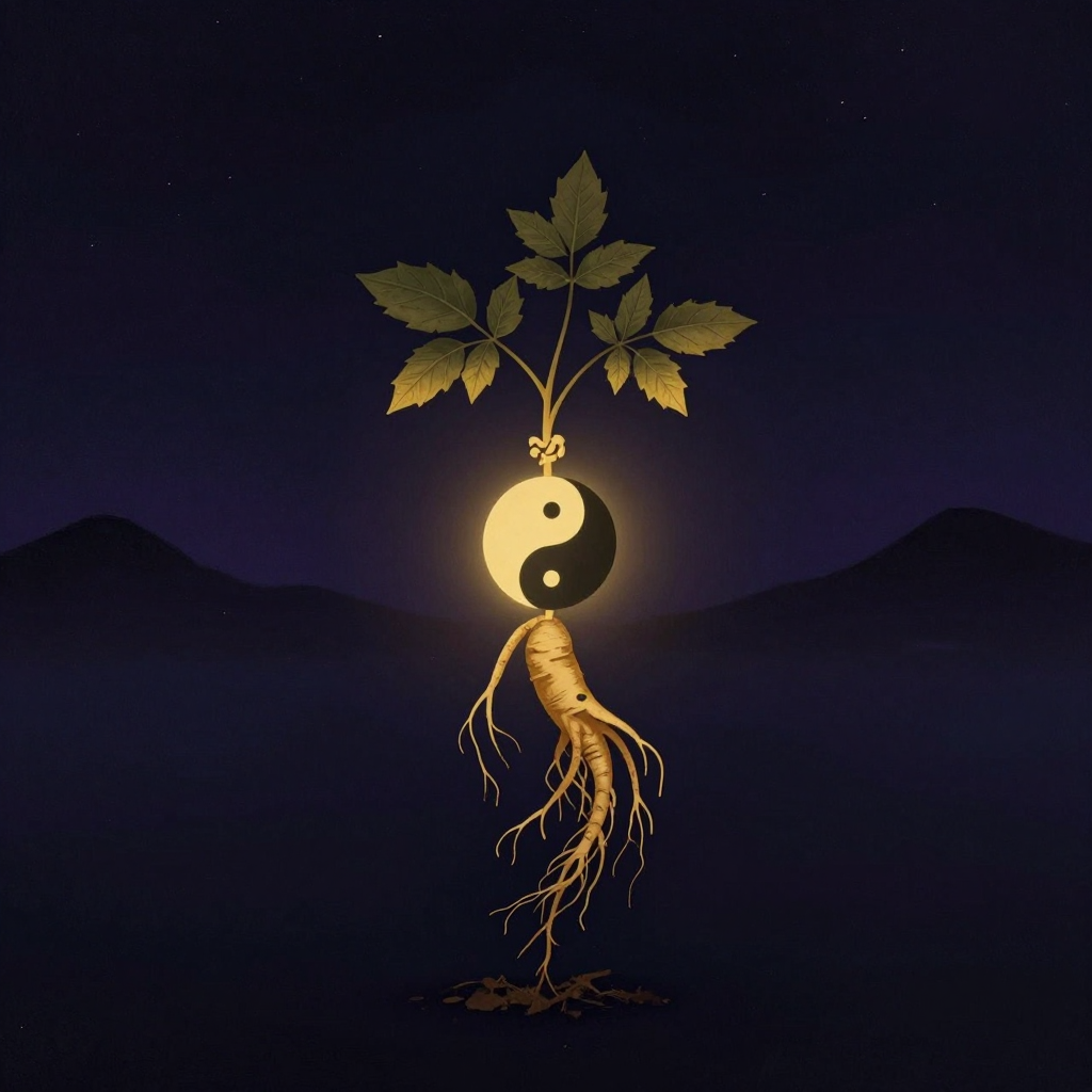 中医养生：一株带根茎叶的完整草药（如人参）自然挺立，根部微露土痕，一黑一白双鱼互抱成太极圆环，恰好环绕草药茎干中段，远处有淡淡山峦