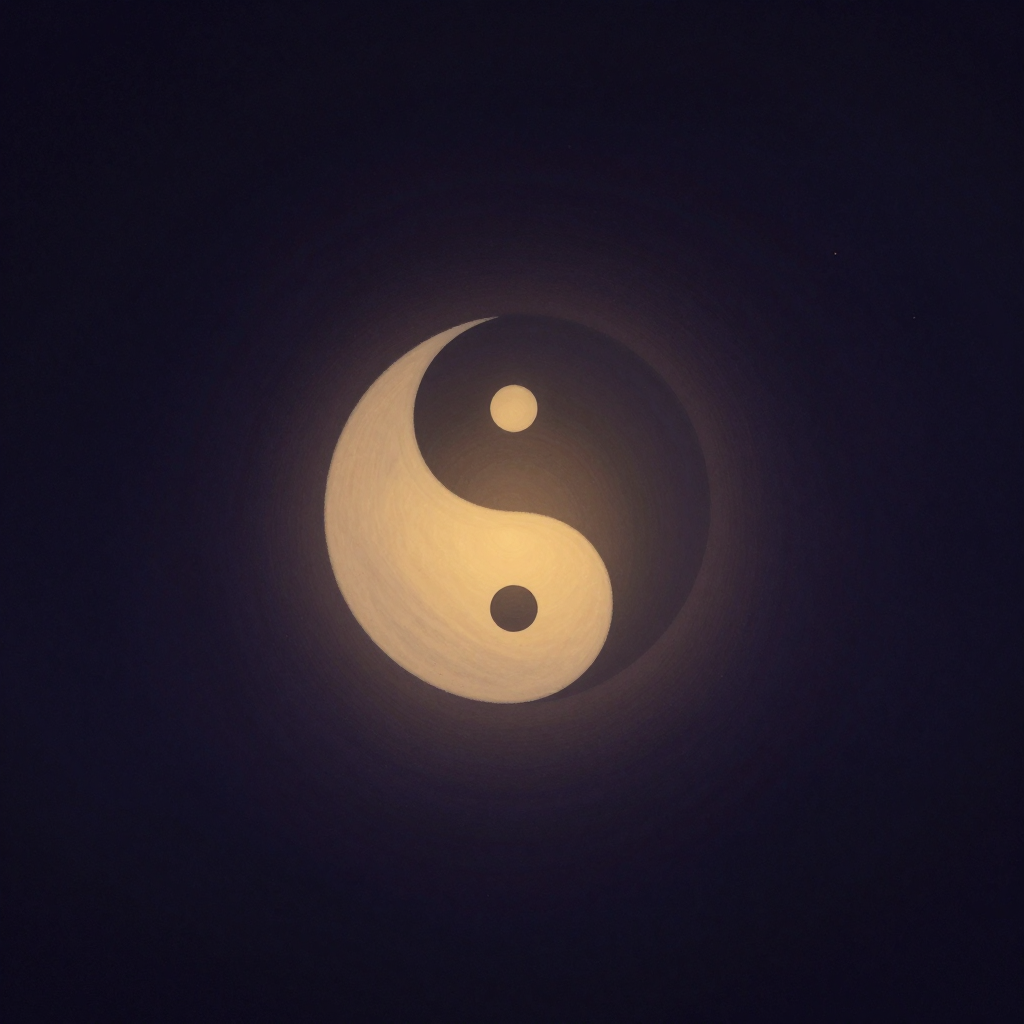 灰度认知：一幅太极图悬于空旷中，黑白双鱼互抱，但交界处不是清晰分界，而是渐变的灰色晕染，余处大片留白，画面唯一的微光落在灰晕弥散的