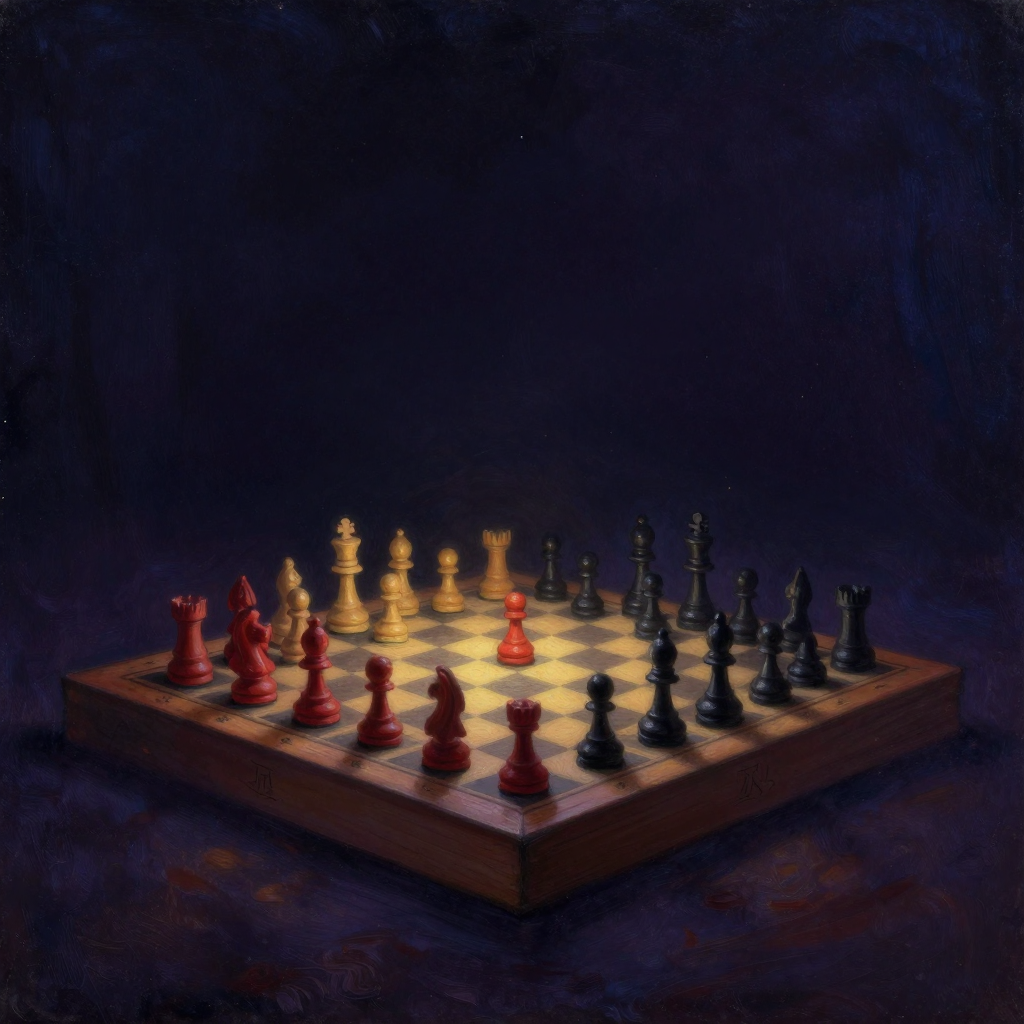 策略派：一方旧木棋盘上，红黑双方各剩寥寥数子，棋子紧凑对峙于中心，一步将死的态势；棋盘边缘隐约可见几道褪色刻痕，周遭大片空处