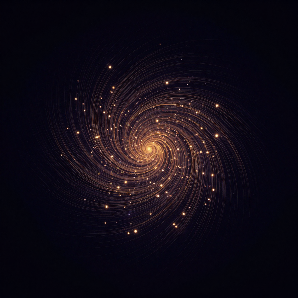 社会动力学：无数细小光点如星尘般聚散流动，构成一个半透明的漩涡状能量场，光点疏密有致——一处密集如潮、余处渐疏隐入空旷。漩涡中心隐约