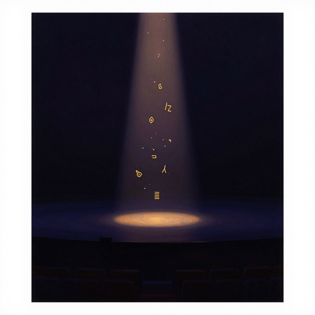 伯纳德·巴尔斯：一道微光从上方斜落至舞台中央，映出一小片区域，光区边缘柔和。光区中散布着几个模糊的信息碎片轮廓，如漂浮的符号残影，舞台其