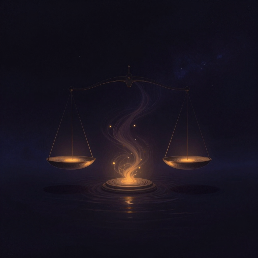 动静：一个完整的圆形天平置于空旷深色之上，左右托盘以完美平衡悬停，托盘表面分别映出对方的倒影，线条清晰流畅，画面中心是两股气流