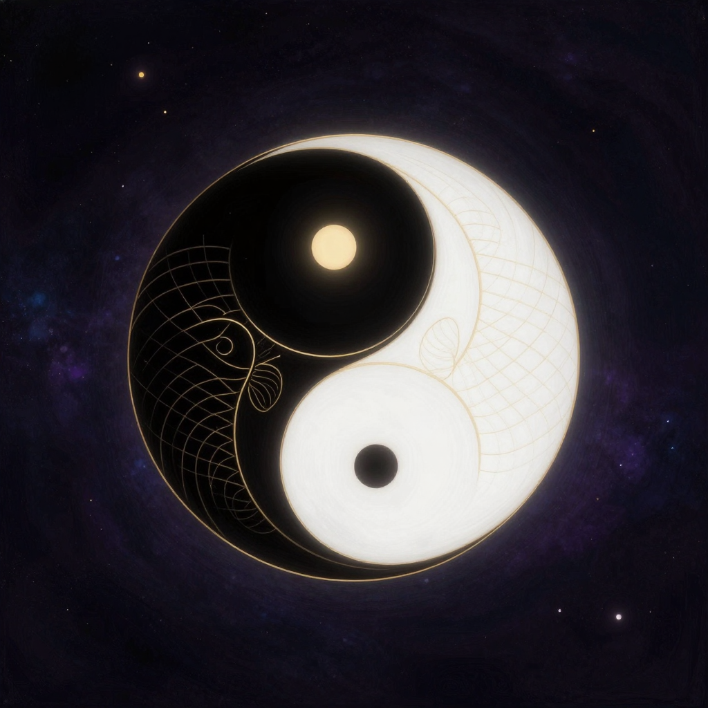 阴阳五行：严格符合传统太极图结构：一黑一白两条阴阳鱼互抱，黑鱼有白眼，白鱼有黑眼，曲线S形分隔线流畅对称，外圆完整无缺口，悬浮于大