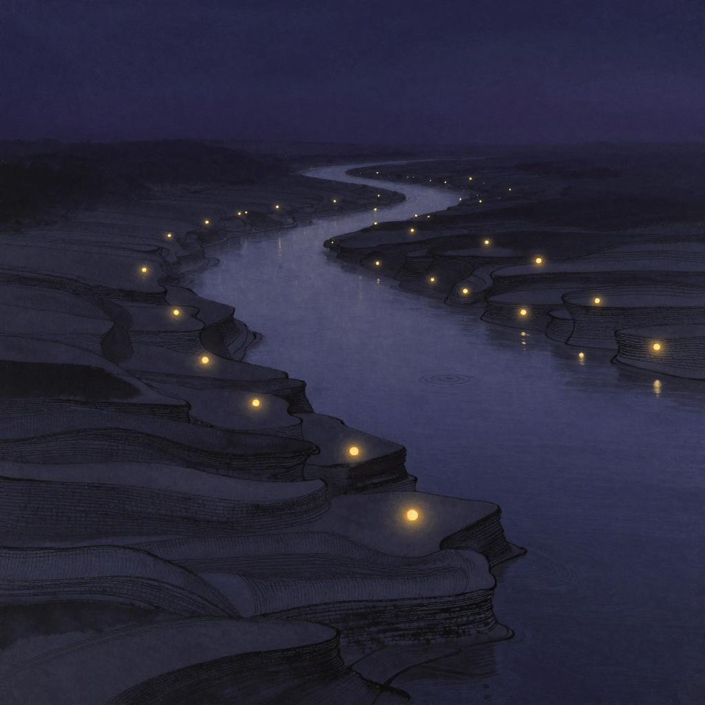 心理倾向：一条宽阔河流在近景处蜿蜒流过，水面平静如镜，水下清晰可见层层沉积的纹理如古老书页，这些沉积层随着河床自然起伏，延伸向远方