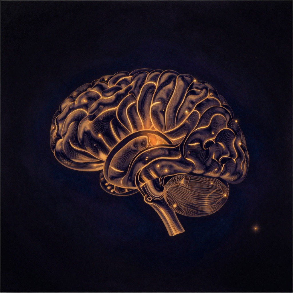 认知科学：一个准确描绘沟回与分区的人类大脑解剖模型悬浮于空处，额叶、顶叶、颞叶、枕叶的分界清晰可辨，布洛卡区与韦尼克区所在位置微微