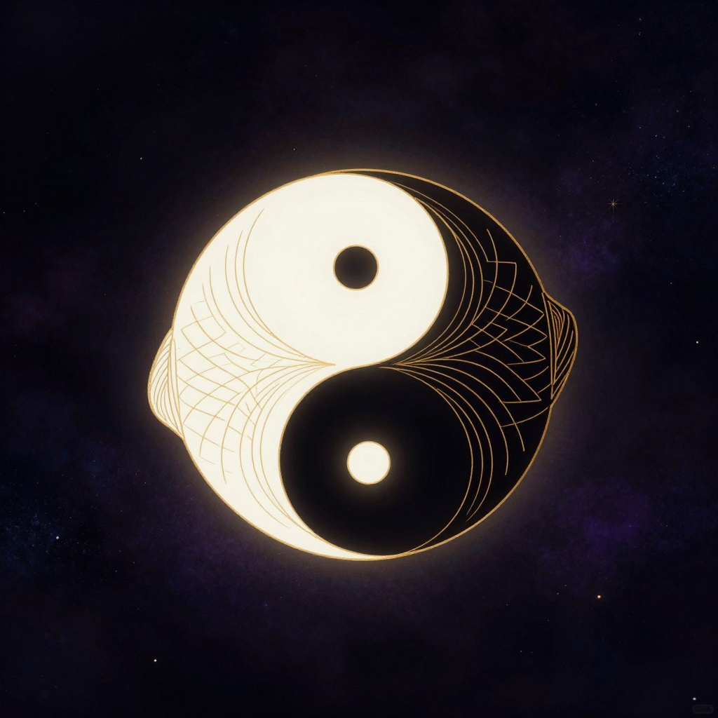 辩证行为疗法：一幅完整的太极阴阳鱼图案悬浮于空旷之中，S形曲线完美分隔黑白双鱼，白鱼含黑眼、黑鱼含白眼，双鱼互抱形成动态平衡的圆形，边