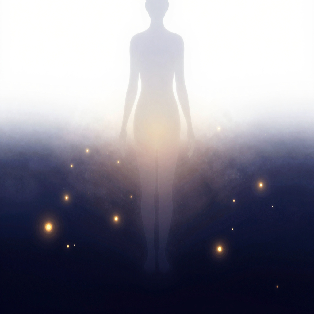 存在状态：一个半透明的人形剪影立于近景，轮廓边界柔和模糊似水雾，胸腔随呼吸缓慢起伏，背景大片留白，剪影的透明度渐变体现内外渗透