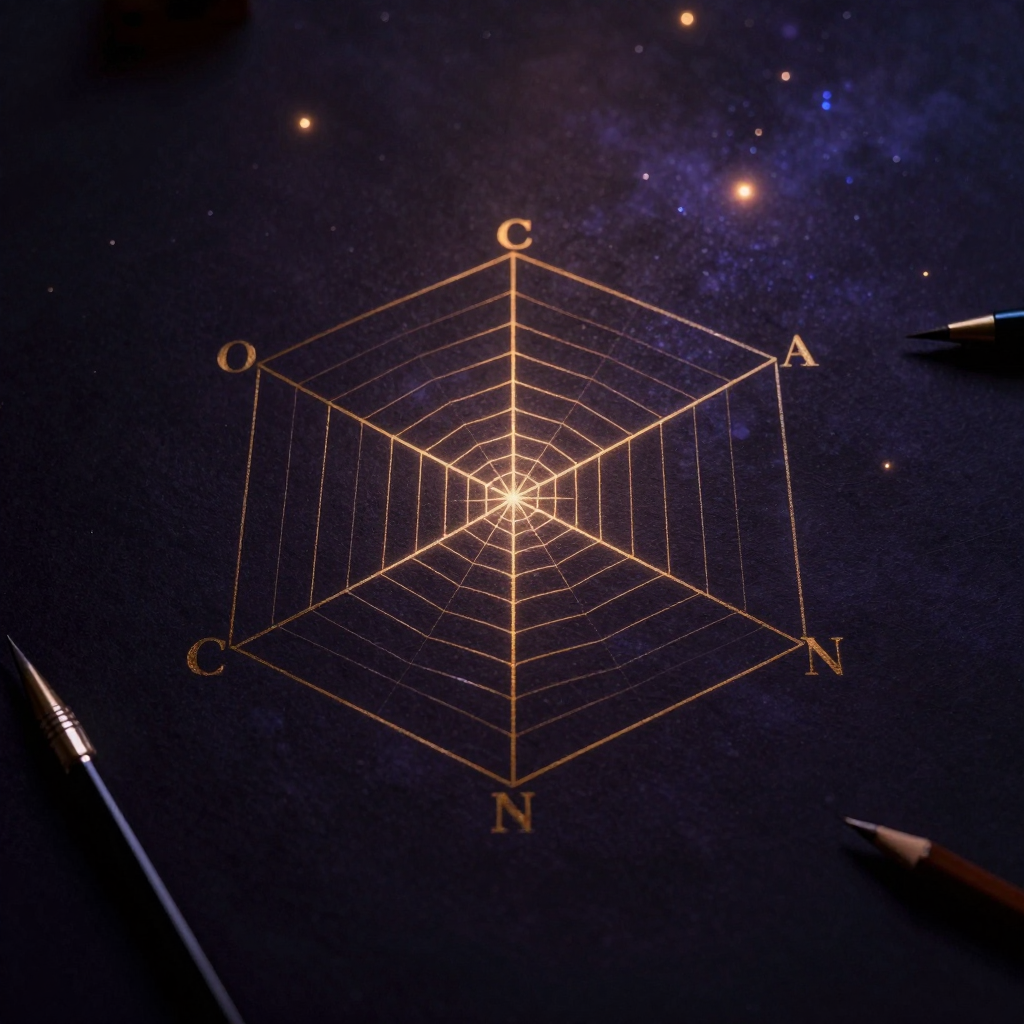 人格心理学：一张铺开的羊皮纸上绘制着清晰的五边形雷达图，五个顶点分别标注着O、C、E、A、N字母，由细金线连接成完整结构，线条精确优