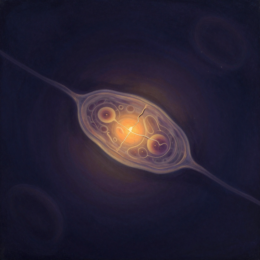 生物动力学：一个正在分裂的活细胞悬浮于空旷中，细胞膜呈现波动起伏的轮廓，内部有节奏收缩的细胞器清晰可见，构成画面唯一动态焦点
