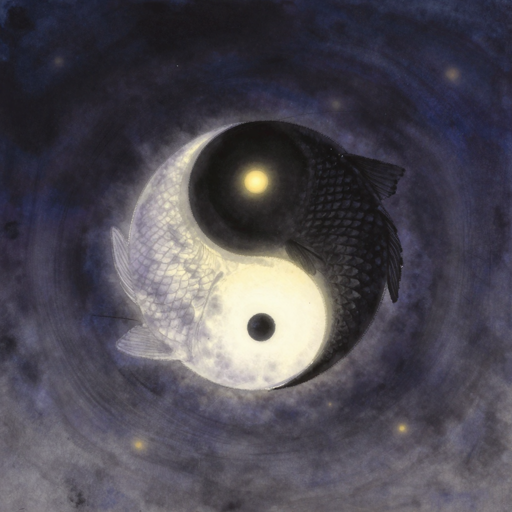 阴阳家：一幅一笔呵成的太极图悬于空处，黑鱼与白鱼在交合处因湿润而微微互渗，界限若即若离，双鱼的眸子各自凝聚为一点极细微的光，四周