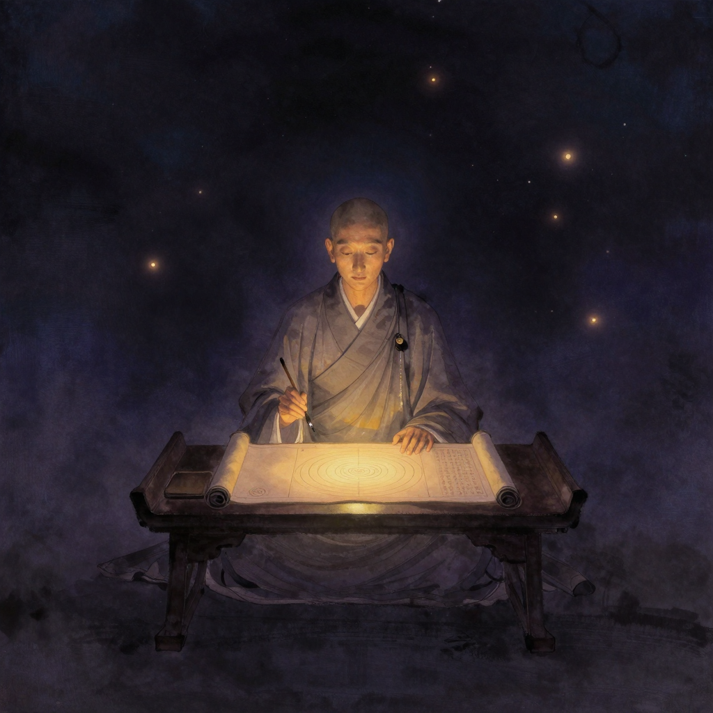 智俨：一位唐代学僧正面安坐于朴素书案前，身着法衣，面容庄重清瘦，一手持笔、一手轻扶案上展开的《十玄门》图卷，图卷可见层层相扣的