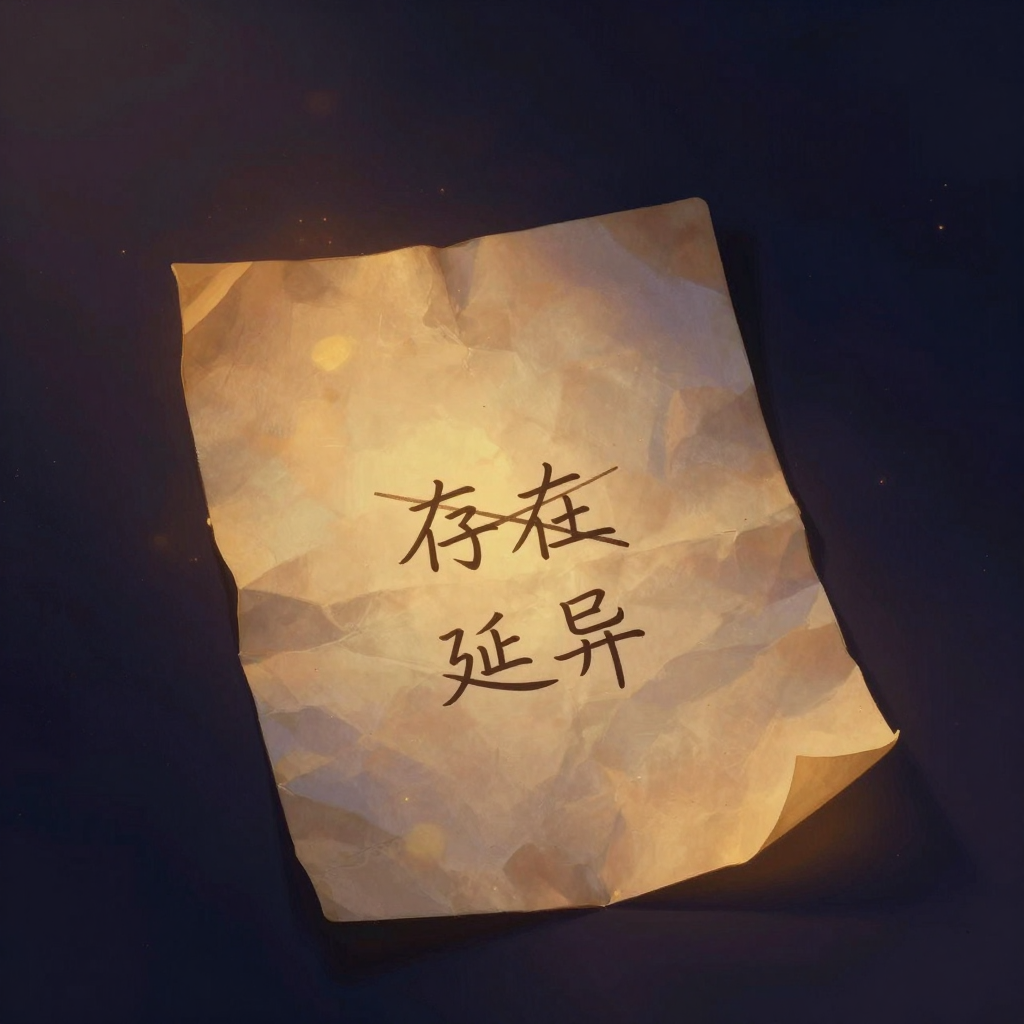 解构主义：一张泛黄老稿纸平铺，中心「存在」一词被一道粗重交叉黑线贯穿划去却字迹犹存，下方新写「延异」与之对位，纸面褶皱、墨迹微渗，