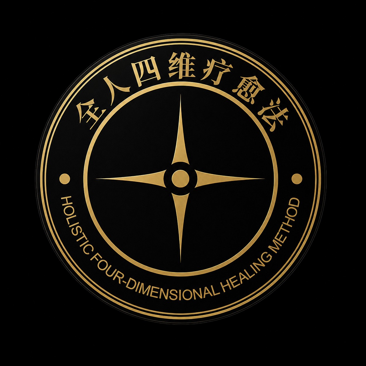 全人四维疗愈法：一个完整的圆形被流畅的曲线划分为四个相互渗透的象限，每个象限内各有一组极简符号代表身体（山脉）、情绪（波浪）、意识（眼睛