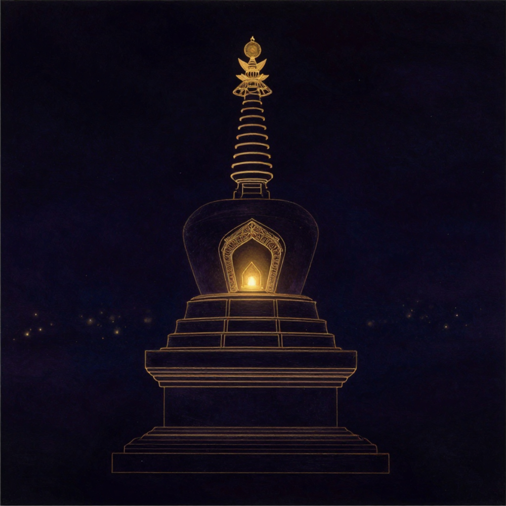 噶当派：一座噶当塔立于空旷之中，方形须弥座承托扁圆覆钵塔瓶，塔瓶之上相轮逐层收束为细长锥体，塔刹顶端日月与双层莲伞清晰可辨；塔瓶