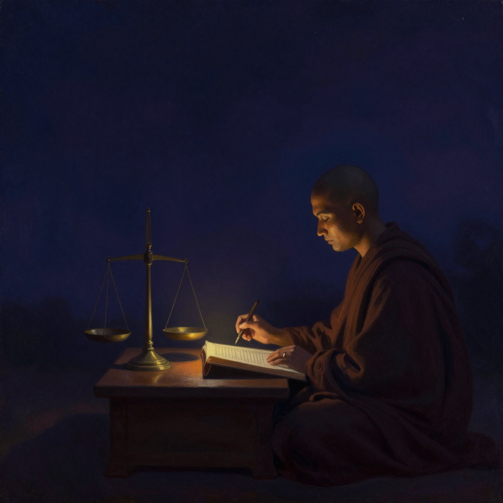 法称：一位印度佛教僧侣学者侧身坐于简朴木案前，右手执笔悬于贝叶经上方，左手旁置一具黄铜小天平，秤盘空而平衡，面容沉静专注，余处
