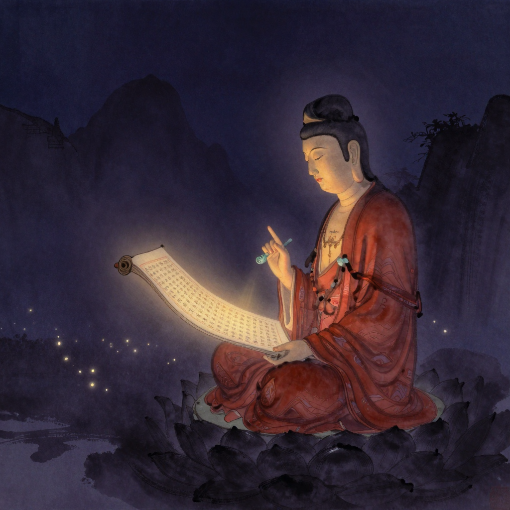 智顗：一尊智顗标准法相的安详侧影，结跏趺坐于莲台，身着赤色山水纹袈裟，左手指微作说法印，右手持玉如意。其背后天台山化作数抹淡影