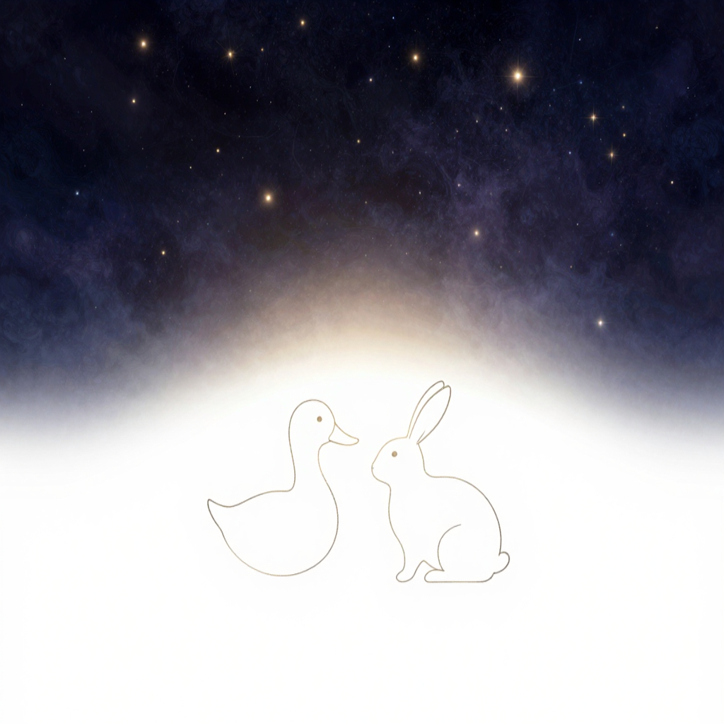 相对性：一幅极简的连续黑色线条轮廓，线条同时构成左看的鸭子（长喙朝左、后脑圆）与右看的兔子（长耳朝右、嘴在后），共用耳与喙的同一