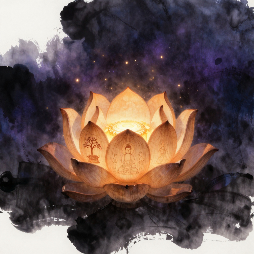 观无量寿经：一尊素木雕刻的半开莲花，花瓣层层叠展，外瓣上刻简朴的悬鼓与水纹，中层瓣刻宝树、楼阁、莲池，内层瓣上浮现化佛与菩萨的细线轮