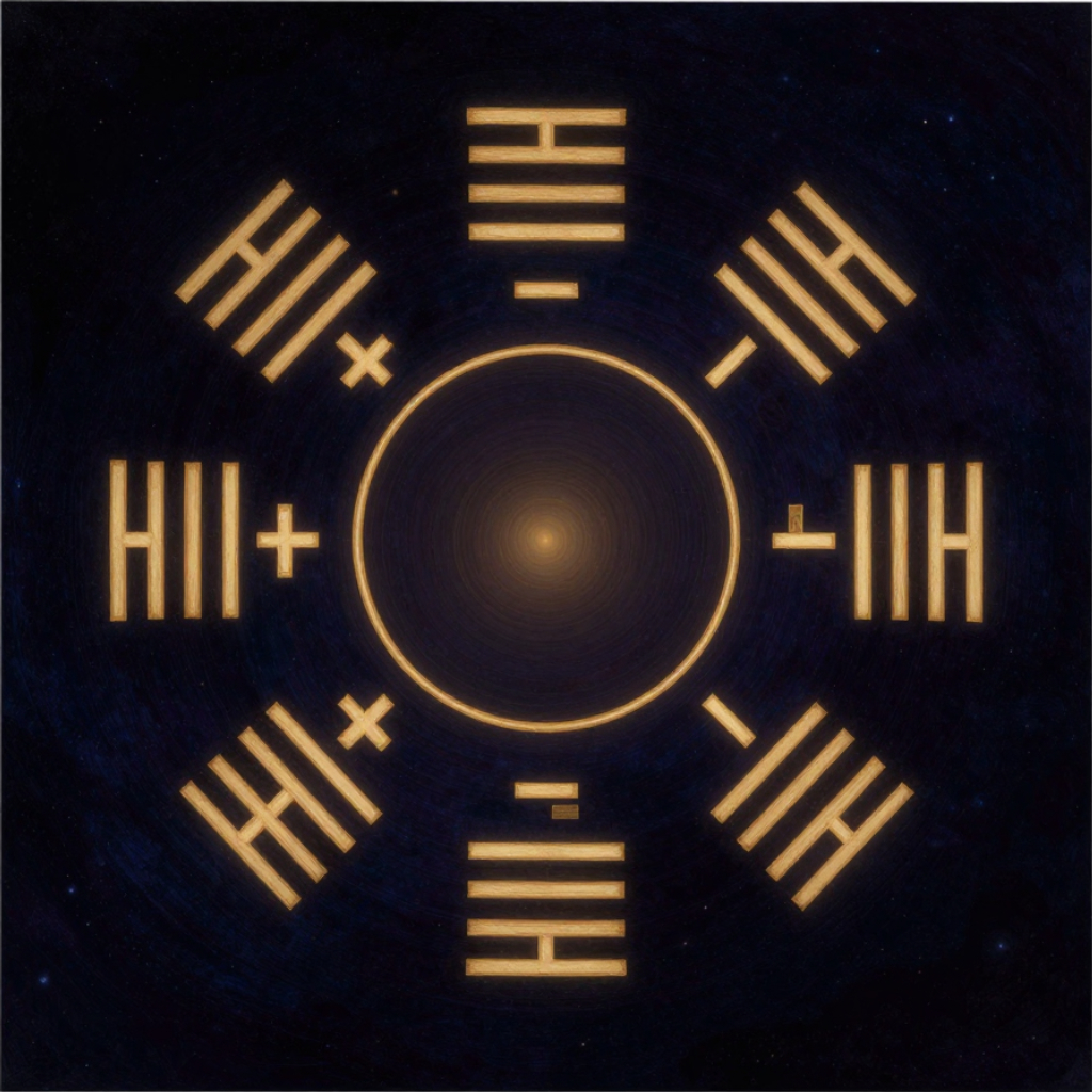 易学：八组三爻卦位环绕成圆，上乾下坤，左离右坎，震巽艮兑各居其位，爻画为清晰虚实横线，中心留一空圈，圈内透出一缕极细微光，整幅