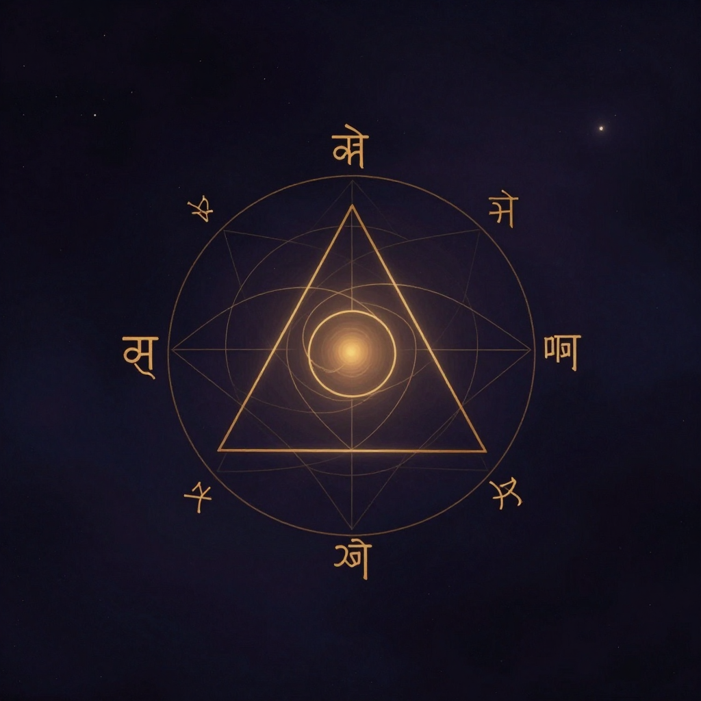 三密相应：梵文种子字嗡、啊、吽以等边三角的势布列，字间有纤细的弧线相连，共成一个圆融寂静的符号整体，三角中心处隐现一缕极细微光，其