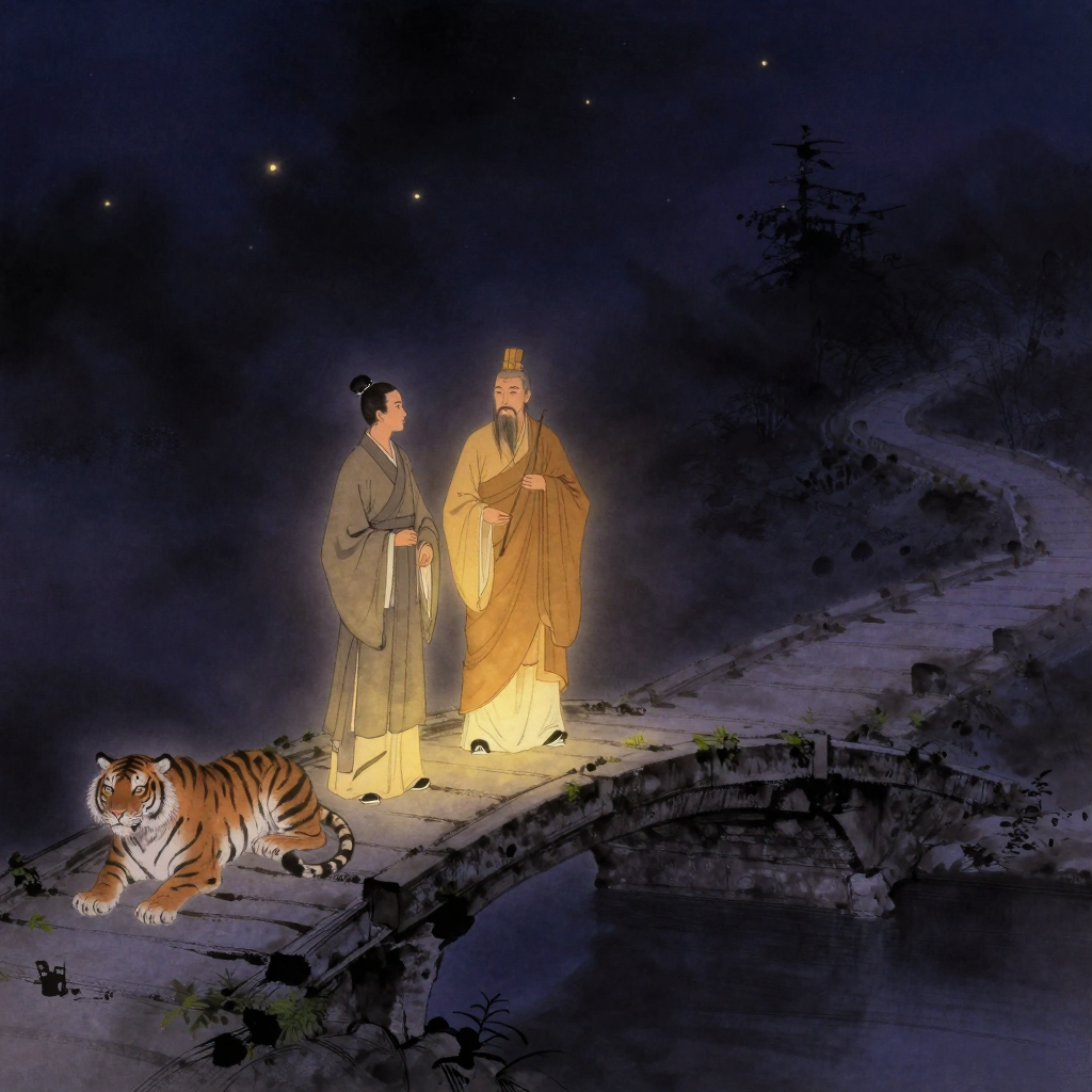 慧远：虎溪石板桥边，慧远着偏袒右肩僧袍、手持麈尾，与葛巾布袍的陶渊明、束髻道冠的陆修静相视作别。三人衣著各异、神情舒展，脚下石