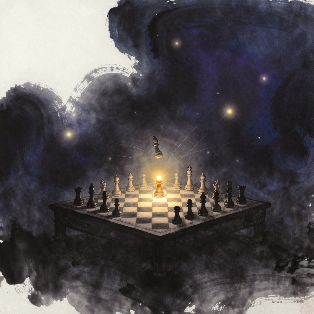 预测模型：一盘残局置于矮几，棋子错落疏朗，一枚关键棋子正悬在盘缘半空中，将在将落之间，几道若有若无的细线从它身上延向棋盘上数个可能
