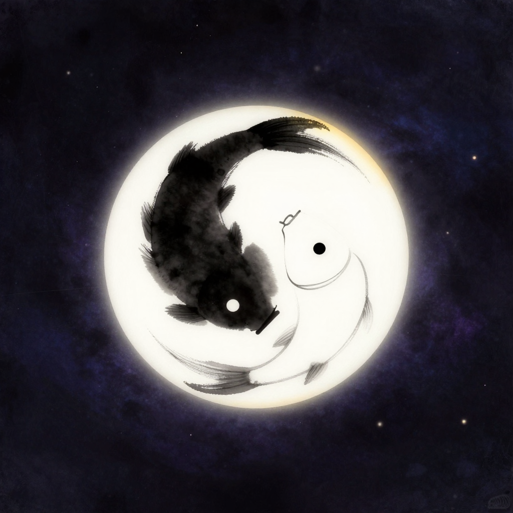 二元对立：一个完整的正圆，被一道平滑无尖角的S形曲线从中分为黑白两半，形如两条头大尾小的鱼相互追逐。黑区中央有一个完整的小圆白点，