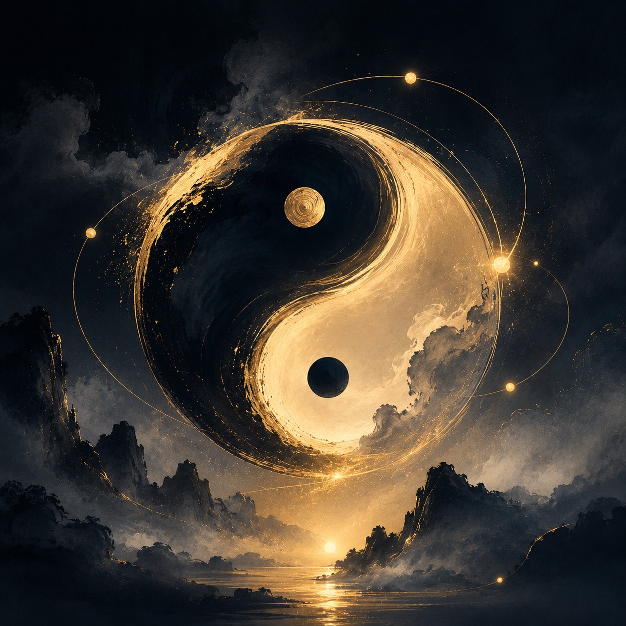 易经：一组由六条阴阳爻线组成的完整卦象居于画面中央，阳爻为清晰连续的横线，阴爻为中间断开的横线，线条 crisp 利落，结构准