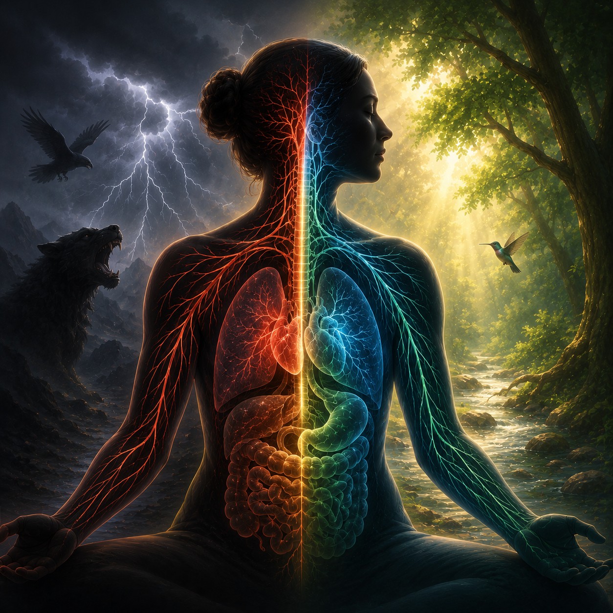 自主神经系统：脊柱两侧对称分布着红色串珠状交感神经节，脑干处延伸出蓝色迷走神经蜿蜒分支至胸腹腔脏器，两种神经以不同色彩区分但自然交织，