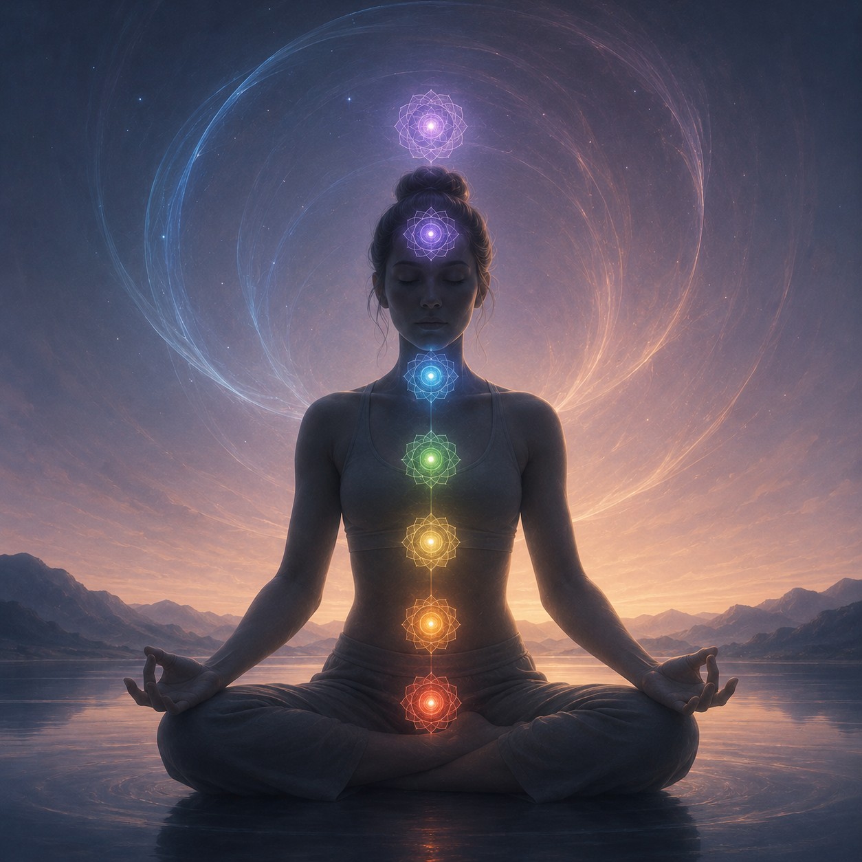 脉轮：一条纤细的光带沿中轴线垂直贯穿人体剪影，光流中隐约可见七个节点，每个节点形态各异，自下而上渐次轻盈，整体悬浮于大片空处