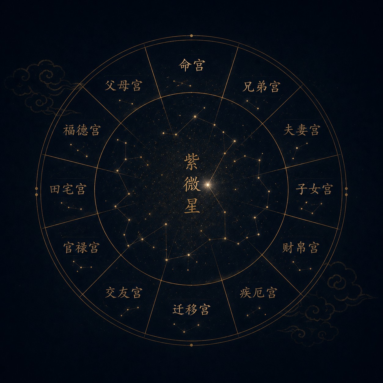 紫微斗数：一张以紫微星为中心的木质命盘平置于案，十二宫位呈放射状分布，各宫名以古字微刻于对应扇形边缘，紫微星位置略高于其他星曜，整