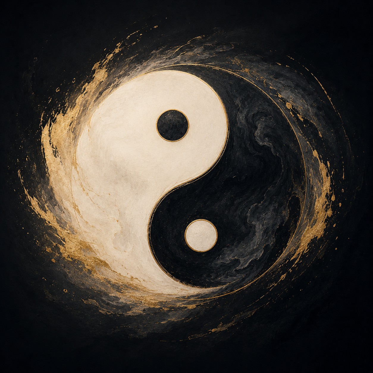 阴阳：一个正圆形太极图置于大片留白中，由S形曲线分隔出黑白两条互抱的阴阳鱼，黑鱼含白眼，白鱼含黑眼，结构精准