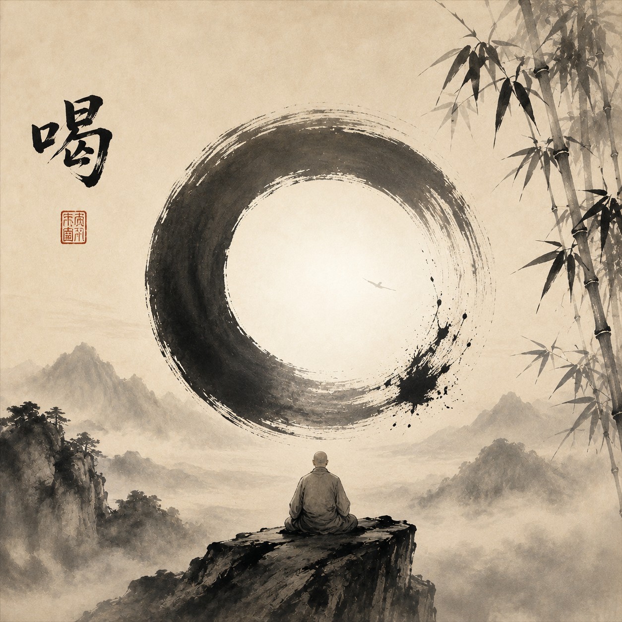 临济宗：一根简朴木棒自画面右上方向左下方疾速挥落，棒身略带弧线显示力度，棒下空无一物却似有气流扰动，四周归于极简留白