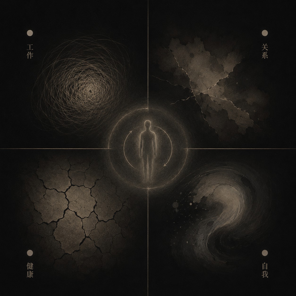 慢性压力：一根纤细的琴弦紧绷于空旷之中，弦身因张力微微震颤，处于即将断裂的临界状态，弦中央反射出一线微光