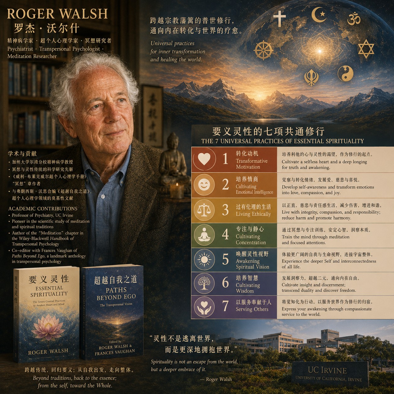 罗杰·沃尔什：一本摊开的精装书平置于深色木纹桌面上，封面标题'Essential Spirituality'清晰可辨，书页边缘隐约浮现
