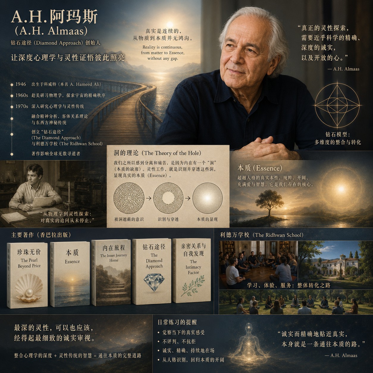 A.H.阿玛斯：一颗天然八面体钻石原石悬于空处，晶体结构清晰可见，内部折射着几道交错的光径，四周归于大片留白