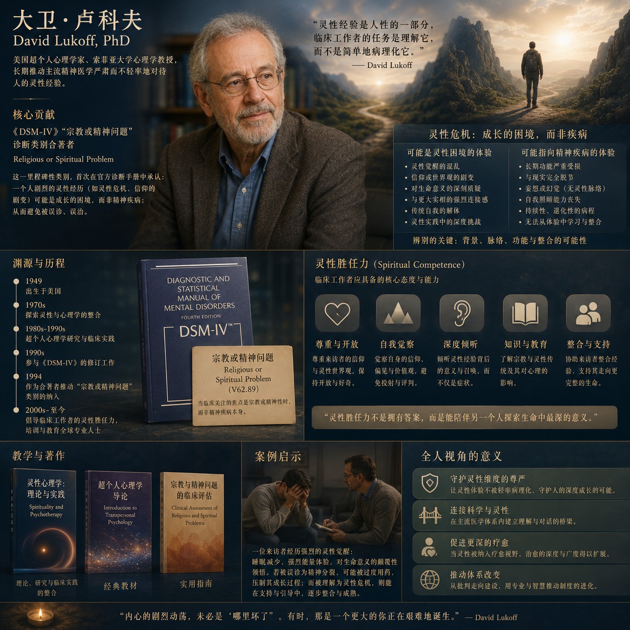 大卫·卢科夫：一本摊开的诊断手册静置于桌面，内页分类条目区域呈现独特的排版结构，封面烫金压纹在深色背景中格外醒目，四周留白深邃，内页文