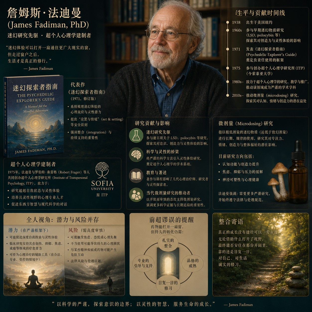 詹姆斯·法迪曼：一本打开的书平放在木桌上，书页间散落着几粒极小的白色药丸，桌面其余部分归于空旷，书页保持虚化