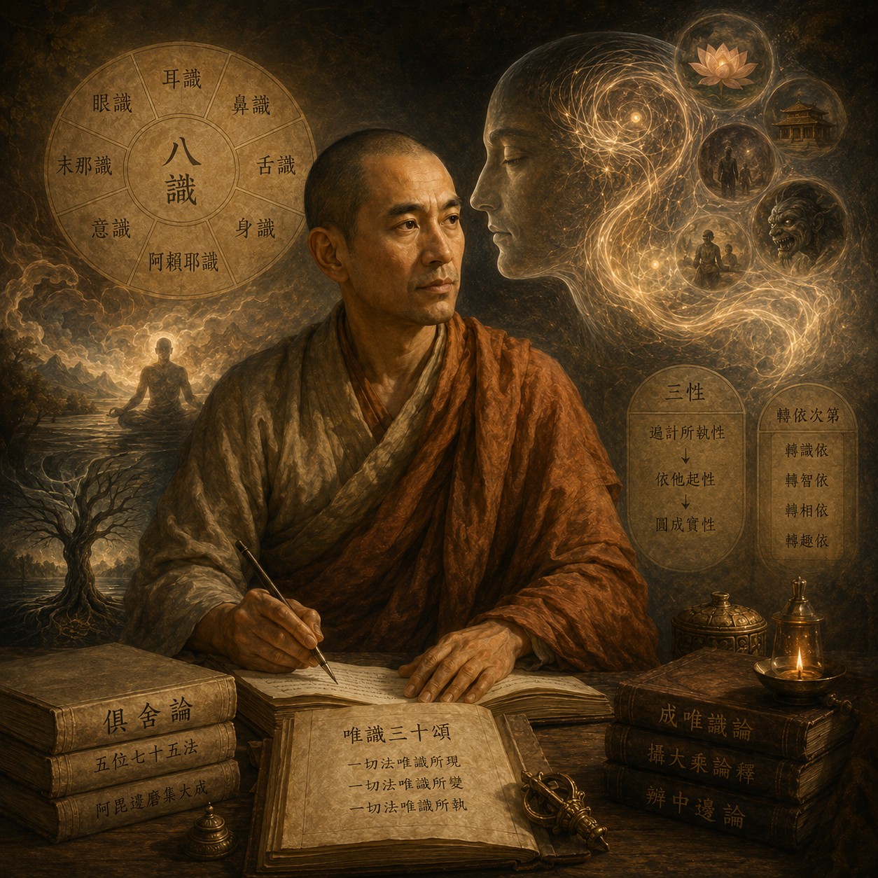 世亲：一片古老的棕榈叶贝叶经横向展开，叶面有细密穿孔装订痕迹，表面布满悉昙体梵文字符，经叶边缘饰有简洁的莲花纹，置于空旷之中，