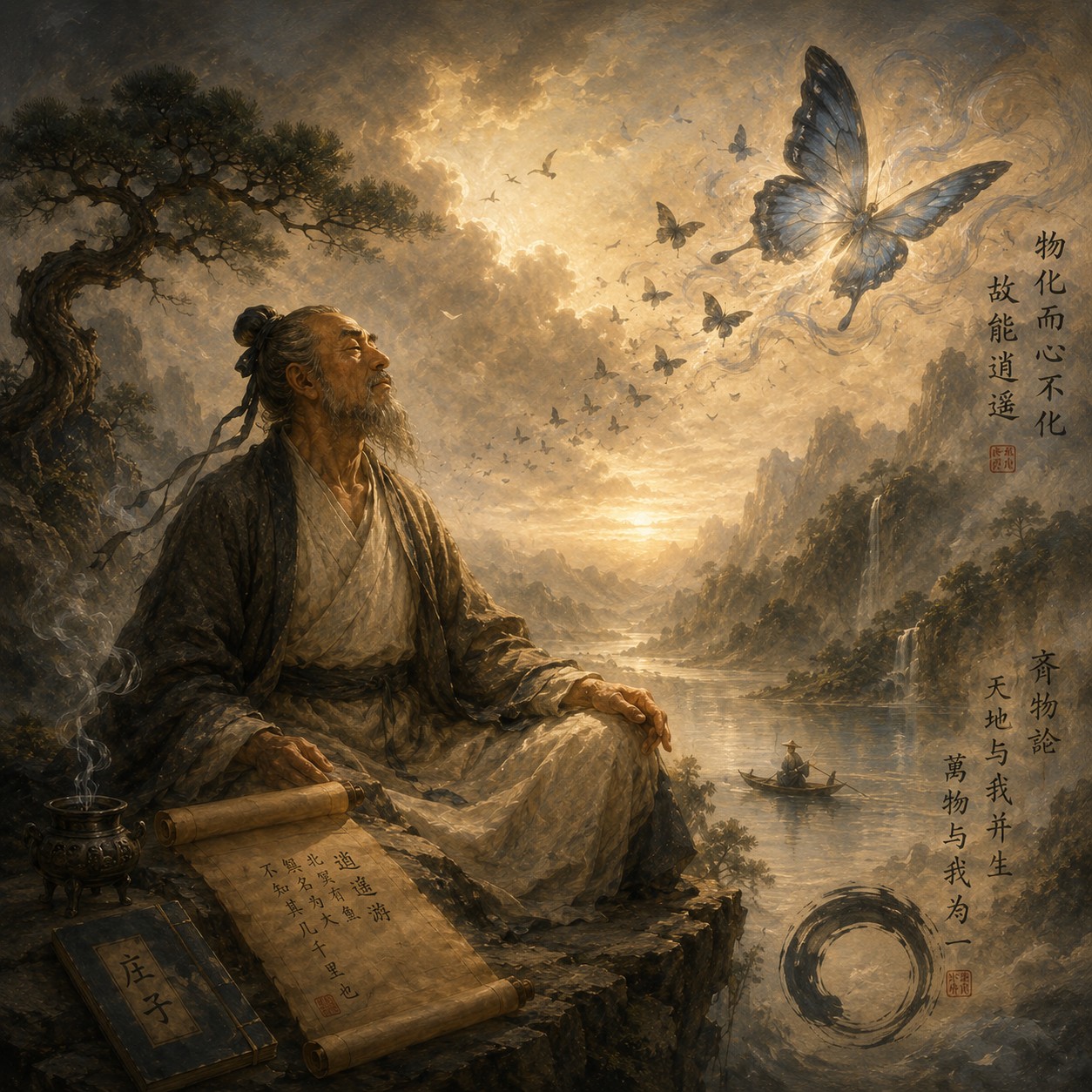 庄子：一只半透明的蝴蝶在虚空里轻盈振翅，翅缘细微颤动，四周无物相衬，蝴蝶自身透出极含蓄的微光