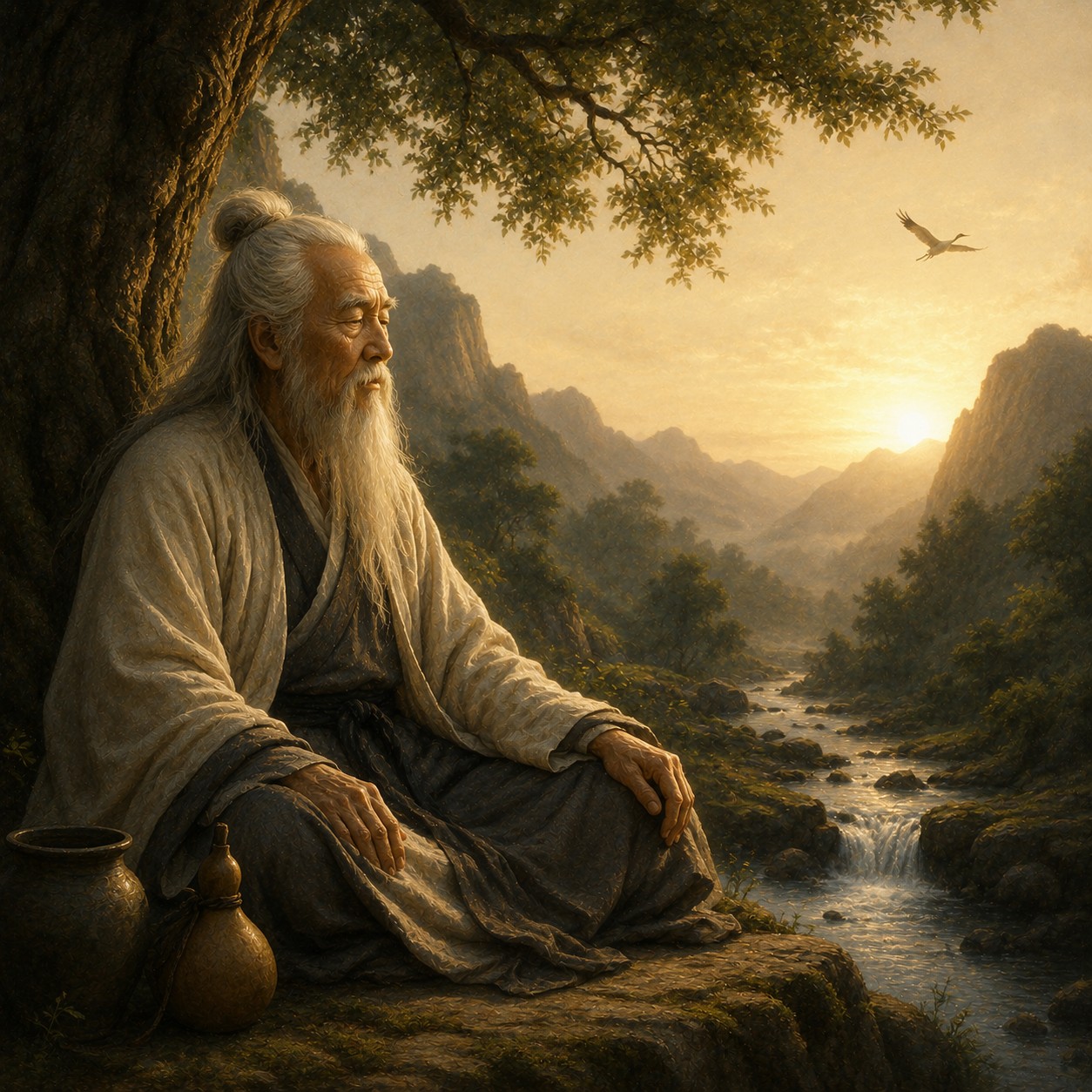 老子：一位老者的背影端坐于一头大水牛背上，水牛缓步向画面左侧山口走去，山口处隐约可见，老者手持一卷竹简，山口透出一处微光，四周