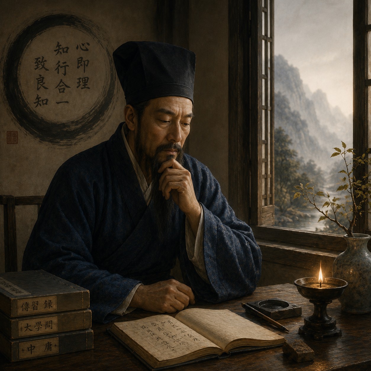 王阳明：贵州龙场驿的粗粝石墩立于篝火余烬旁，墩面有自然裂纹与风霜痕，四周荒草稀疏，远处山影隐于暗处，篝火是画面唯一的微光来源